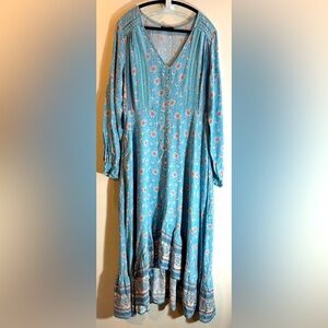 CAROLINE MORGAN Sz 16 Maxi Dress Buttons All Through Floral Ruffle Hem Hi Low